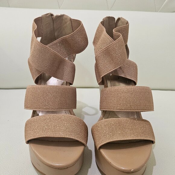 BCBGeneration Tan Crisscross Strappy Wedge Sandals – Size 7.5 – Lightly Worn - Picture 1 of 13